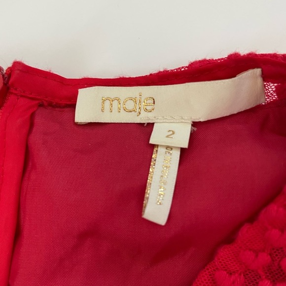 Maje Red Dress Roucoul Lace Heart embroidered Mini ruffle sleeve size 2 - Picture 8 of 11